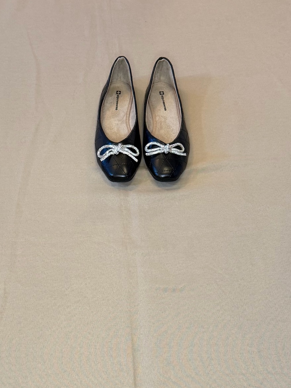 Alpine Swiss Black Quilted Flats with Silver Bow Accent